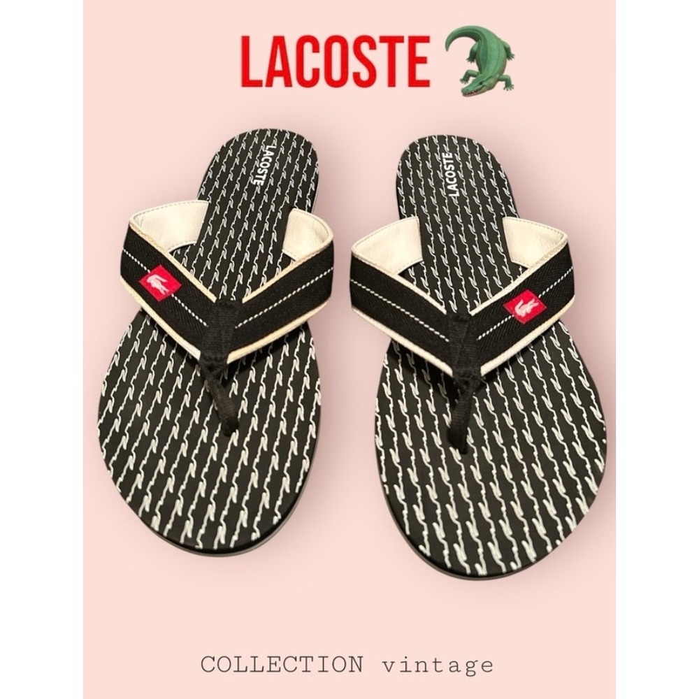 Lacoste Vintage Collection Black White Monogram Flip Flops Mens Size 12 USA